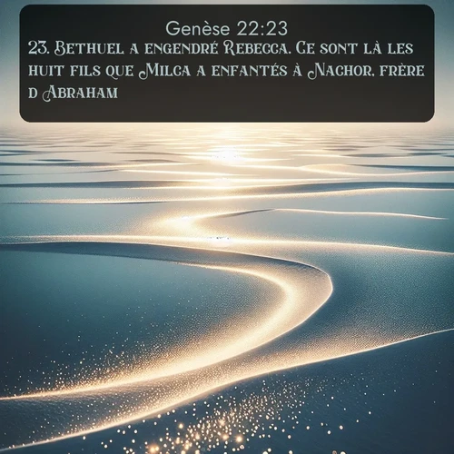 Segond Genèse  ; image nature: image avec le verset biblique :Bethuel a engendré Rebecca. Ce sont là les huit fils que Milca a enfantés à Nachor, frère d&#039;Abraham. ;  ; 22:23