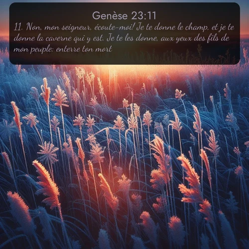 Segond Genèse  ; image nature: image avec le verset biblique :Non, mon seigneur, écoute-moi! Je te donne le champ, et je te donne la caverne qui y est. Je te les donne, aux yeux des fils de mon peuple: enterre ton mort. ;  ; 23:11
