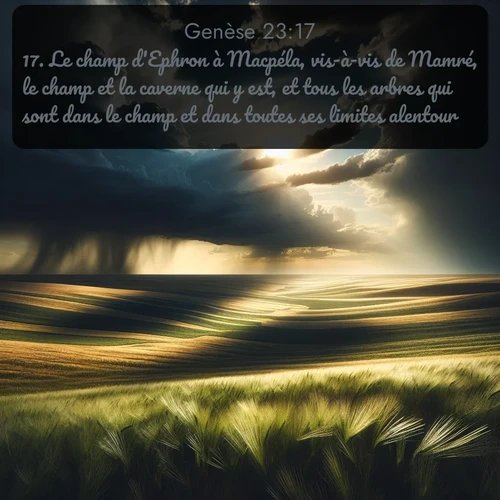 Segond Genèse  ; image nature: image avec le verset biblique :Le champ d&#039;Ephron à Macpéla, vis-à-vis de Mamré, le champ et la caverne qui y est, et tous les arbres qui sont dans le champ et dans toutes ses limites alentour, ;  ; 23:17