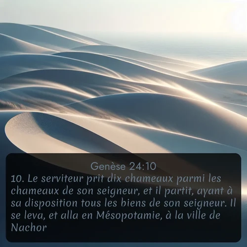 Segond Genèse  ; image nature: image avec le verset biblique :Le serviteur prit dix chameaux parmi les chameaux de son seigneur, et il partit, ayant à sa disposition tous les biens de son seigneur. Il se leva, et alla en Mésopotamie, à la ville de Nachor. ;  ; 24:10