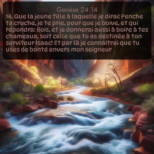 Segond Genèse  ; image nature: image avec le verset biblique :Que la jeune fille à laquelle je dirai: Penche ta cruche, je te prie, pour que je boive, et qui répondra: Bois, et je donnerai aussi à boire à tes chameaux, soit celle que tu as destinée à ton serviteur Isaac! Et par là je connaîtrai que tu uses de bonté envers mon seigneur. ;  ; 24:14