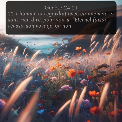 Segond Genèse  ; image nature: image avec le verset biblique :L&#039;homme la regardait avec étonnement et sans rien dire, pour voir si l&#039;Eternel faisait réussir son voyage, ou non. ;  ; 24:21
