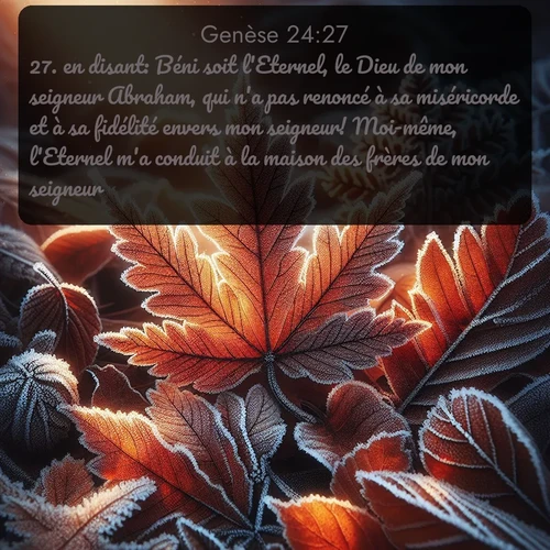 Segond Genèse  ; image nature: image avec le verset biblique :en disant: Béni soit l&#039;Eternel, le Dieu de mon seigneur Abraham, qui n&#039;a pas renoncé à sa miséricorde et à sa fidélité envers mon seigneur! Moi-même, l&#039;Eternel m&#039;a conduit à la maison des frères de mon seigneur. ;  ; 24:27