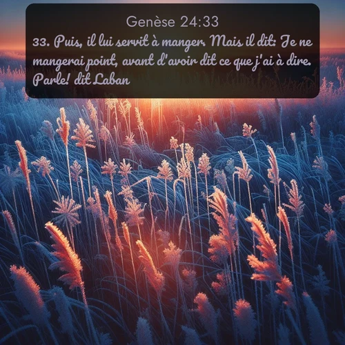 Segond Genèse  ; image nature: image avec le verset biblique :Puis, il lui servit à manger. Mais il dit: Je ne mangerai point, avant d&#039;avoir dit ce que j&#039;ai à dire. Parle! dit Laban. ;  ; 24:33