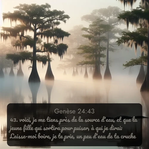 Segond Genèse  ; image nature: image avec le verset biblique :voici, je me tiens près de la source d&#039;eau, et que la jeune fille qui sortira pour puiser, à qui je dirai: Laisse-moi boire, je te prie, un peu d&#039;eau de ta cruche, ;  ; 24:43