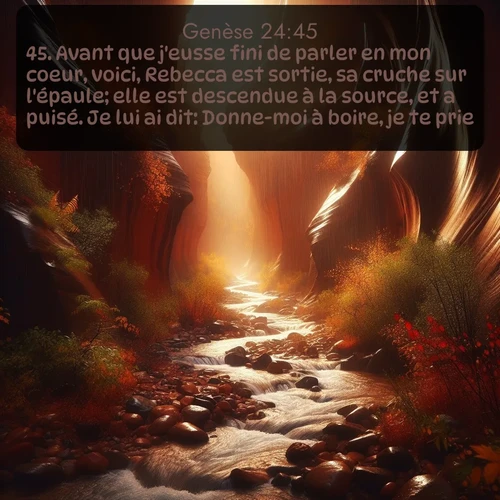Segond Genèse  ; image nature: image avec le verset biblique :Avant que j&#039;eusse fini de parler en mon coeur, voici, Rebecca est sortie, sa cruche sur l&#039;épaule; elle est descendue à la source, et a puisé. Je lui ai dit: Donne-moi à boire, je te prie. ;  ; 24:45