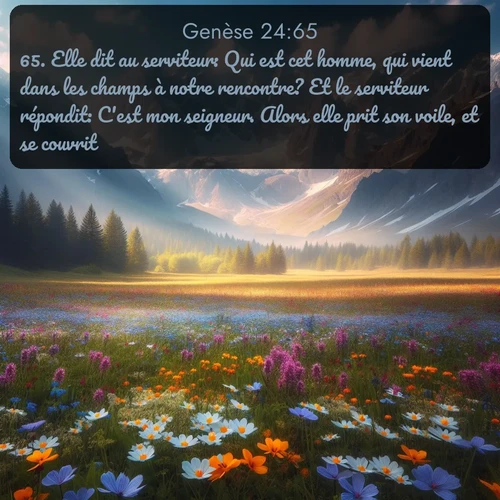 Segond Genèse  ; image nature: image avec le verset biblique :Elle dit au serviteur: Qui est cet homme, qui vient dans les champs à notre rencontre? Et le serviteur répondit: C&#039;est mon seigneur. Alors elle prit son voile, et se couvrit. ;  ; 24:65