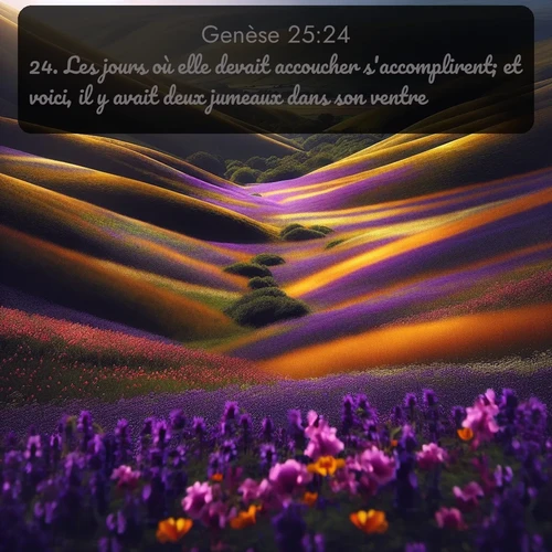 Segond Genèse  ; image nature: image avec le verset biblique :Les jours où elle devait accoucher s&#039;accomplirent; et voici, il y avait deux jumeaux dans son ventre. ;  ; 25:24