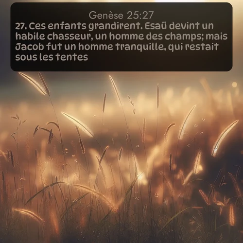 Segond Genèse  ; image nature: image avec le verset biblique :Ces enfants grandirent. Esaü devint un habile chasseur, un homme des champs; mais Jacob fut un homme tranquille, qui restait sous les tentes. ;  ; 25:27