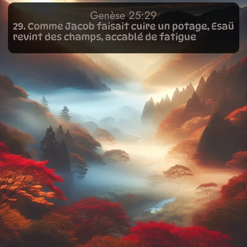 Segond Genèse  ; image nature: image avec le verset biblique :Comme Jacob faisait cuire un potage, Esaü revint des champs, accablé de fatigue. ;  ; 25:29