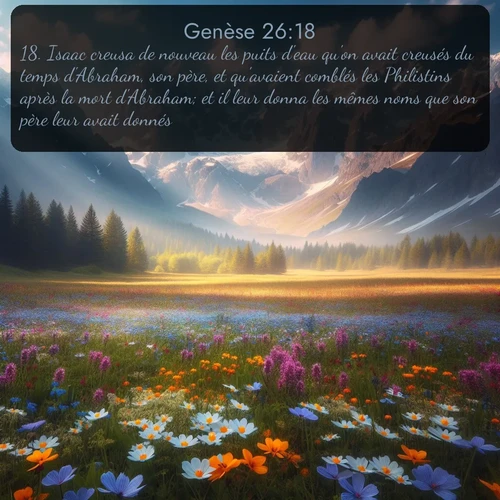 Segond Genèse  ; image nature: image avec le verset biblique :Isaac creusa de nouveau les puits d&#039;eau qu&#039;on avait creusés du temps d&#039;Abraham, son père, et qu&#039;avaient comblés les Philistins après la mort d&#039;Abraham; et il leur donna les mêmes noms que son père leur avait donnés. ;  ; 26:18