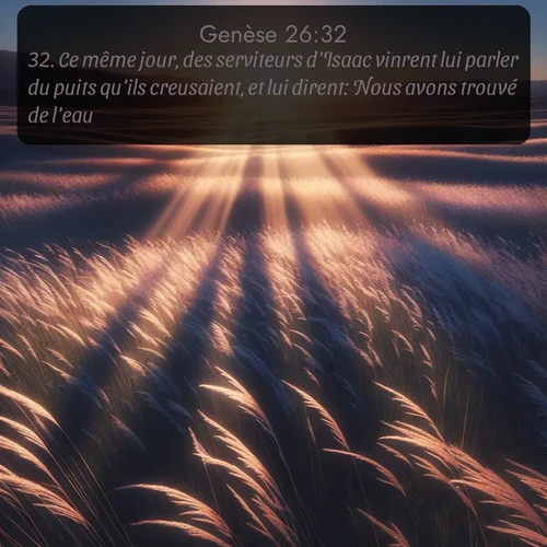 Segond Genèse  ; image nature: image avec le verset biblique :Ce même jour, des serviteurs d&#039;Isaac vinrent lui parler du puits qu&#039;ils creusaient, et lui dirent: Nous avons trouvé de l&#039;eau. ;  ; 26:32