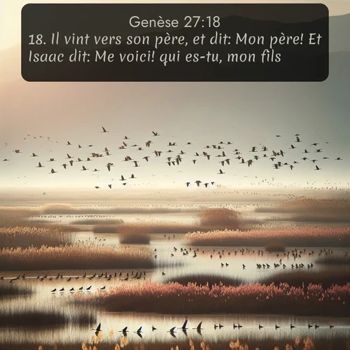 Segond Genèse  ; image nature: image avec le verset biblique :Il vint vers son père, et dit: Mon père! Et Isaac dit: Me voici! qui es-tu, mon fils? ;  ; 27:18