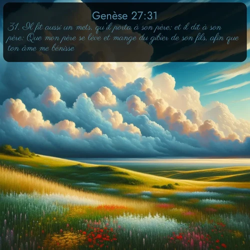 Segond Genèse  ; image nature: image avec le verset biblique :Il fit aussi un mets, qu&#039;il porta à son père; et il dit à son père: Que mon père se lève et mange du gibier de son fils, afin que ton âme me bénisse! ;  ; 27:31