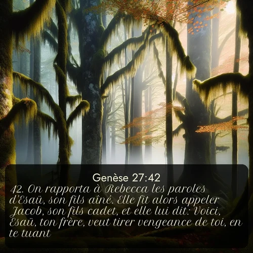 Segond Genèse  ; image nature: image avec le verset biblique :On rapporta à Rebecca les paroles d&#039;Esaü, son fils aîné. Elle fit alors appeler Jacob, son fils cadet, et elle lui dit: Voici, Esaü, ton frère, veut tirer vengeance de toi, en te tuant. ;  ; 27:42