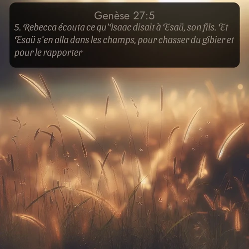 Segond Genèse  ; image nature: image avec le verset biblique :Rebecca écouta ce qu&#039;Isaac disait à Esaü, son fils. Et Esaü s&#039;en alla dans les champs, pour chasser du gibier et pour le rapporter. ;  ; 27:5
