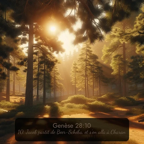 Segond Genèse  ; image nature: image avec le verset biblique :Jacob partit de Beer-Schéba, et s&#039;en alla à Charan. ;  ; 28:10