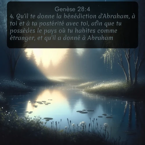 Segond Genèse  ; image nature: image avec le verset biblique :Qu&#039;il te donne la bénédiction d&#039;Abraham, à toi et à ta postérité avec toi, afin que tu possèdes le pays où tu habites comme étranger, et qu&#039;il a donné à Abraham! ;  ; 28:4