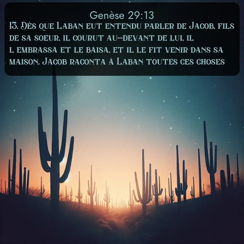 Segond Genèse  ; image nature: image avec le verset biblique :Dès que Laban eut entendu parler de Jacob, fils de sa soeur, il courut au-devant de lui, il l&#039;embrassa et le baisa, et il le fit venir dans sa maison. Jacob raconta à Laban toutes ces choses. ;  ; 29:13