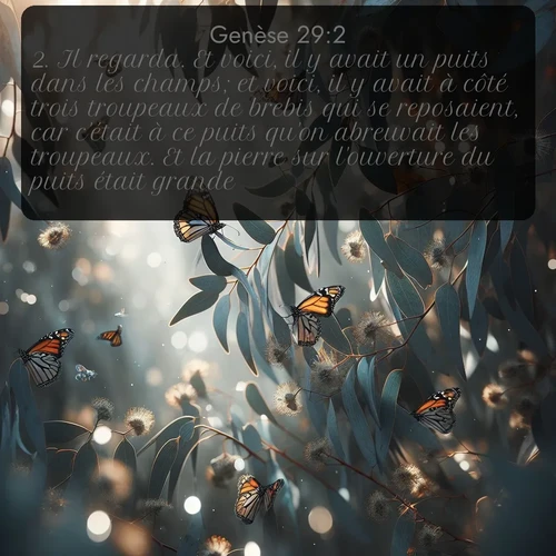 Segond Genèse  ; image nature: image avec le verset biblique :Il regarda. Et voici, il y avait un puits dans les champs; et voici, il y avait à côté trois troupeaux de brebis qui se reposaient, car c&#039;était à ce puits qu&#039;on abreuvait les troupeaux. Et la pierre sur l&#039;ouverture du puits était grande. ;  ; 29:2