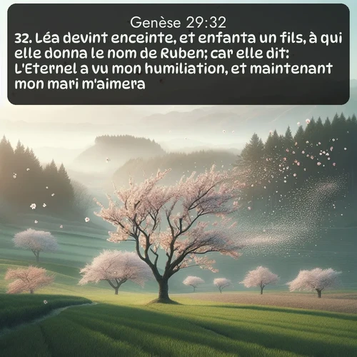 Segond Genèse  ; image nature: image avec le verset biblique :Léa devint enceinte, et enfanta un fils, à qui elle donna le nom de Ruben; car elle dit: L&#039;Eternel a vu mon humiliation, et maintenant mon mari m&#039;aimera. ;  ; 29:32