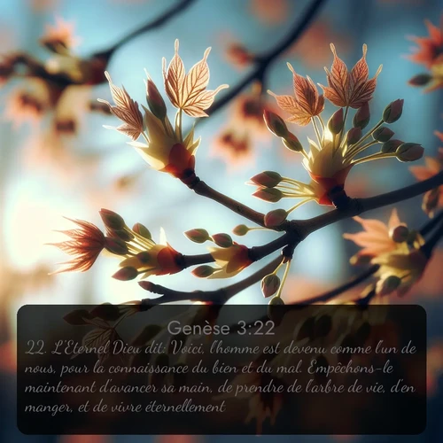 Segond Genèse  ; image nature: image avec le verset biblique :L&#039;Eternel Dieu dit: Voici, l&#039;homme est devenu comme l&#039;un de nous, pour la connaissance du bien et du mal. Empêchons-le maintenant d&#039;avancer sa main, de prendre de l&#039;arbre de vie, d&#039;en manger, et de vivre éternellement. ;  ; 3:22