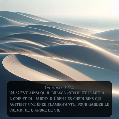Segond Genèse  ; image nature: image avec le verset biblique :C&#039;est ainsi qu&#039;il chassa Adam; et il mit à l&#039;orient du jardin d&#039;Eden les chérubins qui agitent une épée flamboyante, pour garder le chemin de l&#039;arbre de vie. ;  ; 3:24