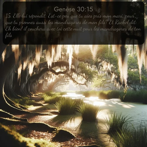 Segond Genèse  ; image nature: image avec le verset biblique :Elle lui répondit: Est-ce peu que tu aies pris mon mari, pour que tu prennes aussi les mandragores de mon fils? Et Rachel dit: Eh bien! il couchera avec toi cette nuit pour les mandragores de ton fils. ;  ; 30:15