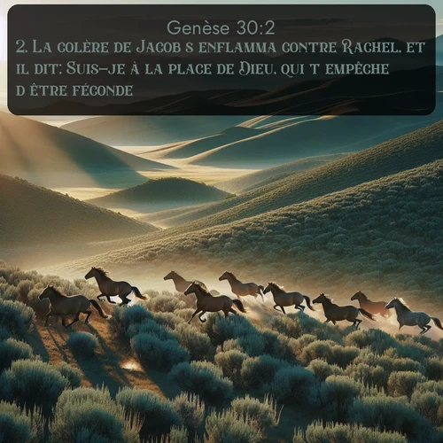 Segond Genèse  ; image nature: image avec le verset biblique :La colère de Jacob s&#039;enflamma contre Rachel, et il dit: Suis-je à la place de Dieu, qui t&#039;empêche d&#039;être féconde? ;  ; 30:2