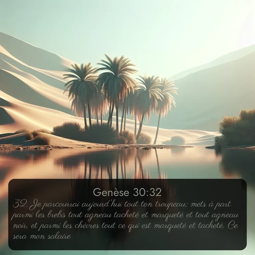 Segond Genèse  ; image nature: image avec le verset biblique :Je parcourrai aujourd&#039;hui tout ton troupeau; mets à part parmi les brebis tout agneau tacheté et marqueté et tout agneau noir, et parmi les chèvres tout ce qui est marqueté et tacheté. Ce sera mon salaire. ;  ; 30:32