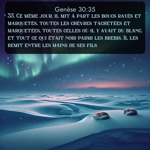 Segond Genèse  ; image nature: image avec le verset biblique :Ce même jour, il mit à part les boucs rayés et marquetés, toutes les chèvres tachetées et marquetées, toutes celles où il y avait du blanc, et tout ce qui était noir parmi les brebis. Il les remit entre les mains de ses fils. ;  ; 30:35