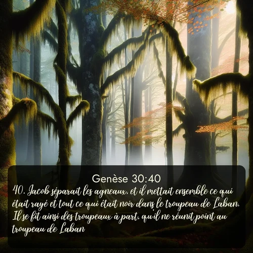Segond Genèse  ; image nature: image avec le verset biblique :Jacob séparait les agneaux, et il mettait ensemble ce qui était rayé et tout ce qui était noir dans le troupeau de Laban. Il se fit ainsi des troupeaux à part, qu&#039;il ne réunit point au troupeau de Laban. ;  ; 30:40