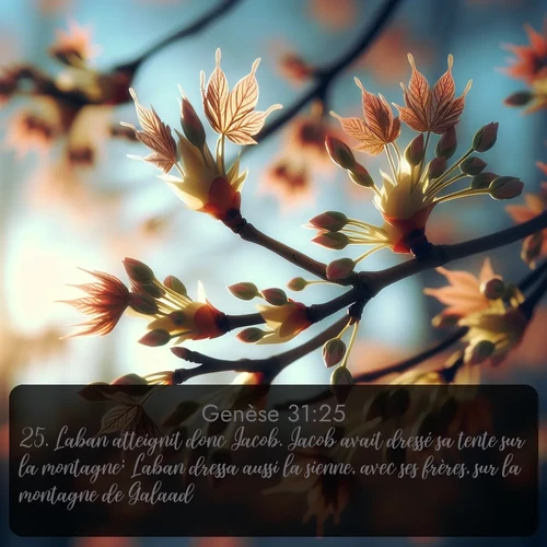 Segond Genèse  ; image nature: image avec le verset biblique :Laban atteignit donc Jacob. Jacob avait dressé sa tente sur la montagne; Laban dressa aussi la sienne, avec ses frères, sur la montagne de Galaad. ;  ; 31:25