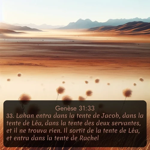 Segond Genèse  ; image nature: image avec le verset biblique :Laban entra dans la tente de Jacob, dans la tente de Léa, dans la tente des deux servantes, et il ne trouva rien. Il sortit de la tente de Léa, et entra dans la tente de Rachel. ;  ; 31:33