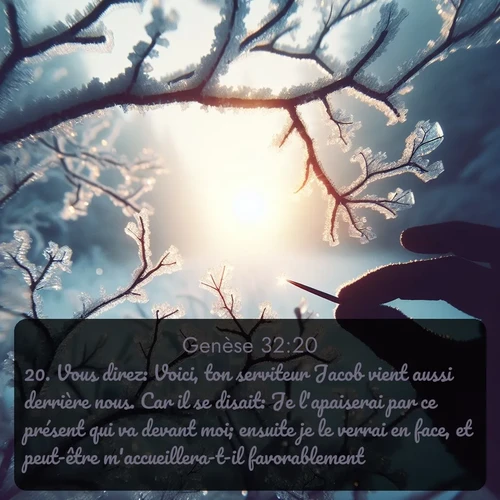Segond Genèse  ; image nature: image avec le verset biblique :Vous direz: Voici, ton serviteur Jacob vient aussi derrière nous. Car il se disait: Je l&#039;apaiserai par ce présent qui va devant moi; ensuite je le verrai en face, et peut-être m&#039;accueillera-t-il favorablement. ;  ; 32:20
