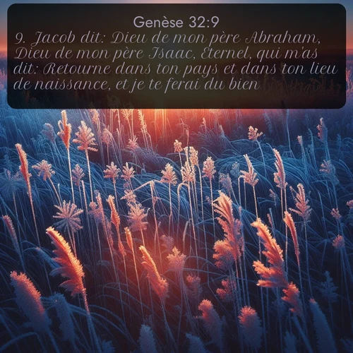 Segond Genèse  ; image nature: image avec le verset biblique :Jacob dit: Dieu de mon père Abraham, Dieu de mon père Isaac, Eternel, qui m&#039;as dit: Retourne dans ton pays et dans ton lieu de naissance, et je te ferai du bien! ;  ; 32:9
