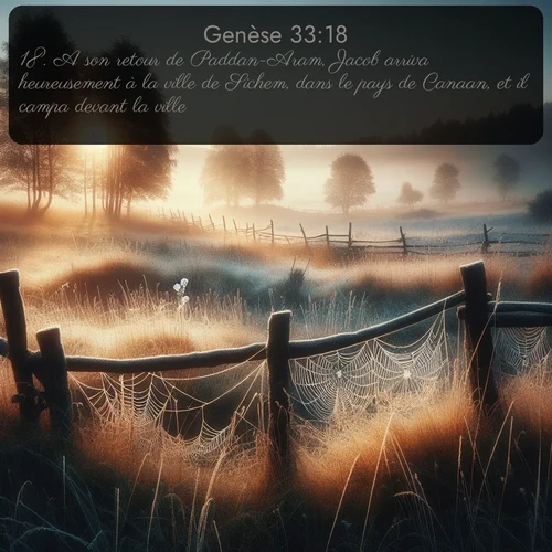 Segond Genèse  ; image nature: image avec le verset biblique :A son retour de Paddan-Aram, Jacob arriva heureusement à la ville de Sichem, dans le pays de Canaan, et il campa devant la ville. ;  ; 33:18