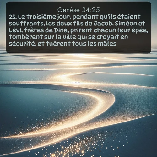 Segond Genèse  ; image nature: image avec le verset biblique :Le troisième jour, pendant qu&#039;ils étaient souffrants, les deux fils de Jacob, Siméon et Lévi, frères de Dina, prirent chacun leur épée, tombèrent sur la ville qui se croyait en sécurité, et tuèrent tous les mâles. ;  ; 34:25