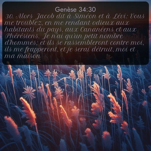 Segond Genèse  ; image nature: image avec le verset biblique :Alors Jacob dit à Siméon et à Lévi: Vous me troublez, en me rendant odieux aux habitants du pays, aux Cananéens et aux Phérésiens. Je n&#039;ai qu&#039;un petit nombre d&#039;hommes; et ils se rassembleront contre moi, ils me frapperont, et je serai détruit, moi et ma maison. ;  ; 34:30