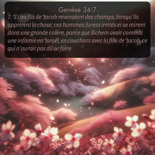 Segond Genèse  ; image nature: image avec le verset biblique :Et les fils de Jacob revenaient des champs, lorsqu&#039;ils apprirent la chose; ces hommes furent irrités et se mirent dans une grande colère, parce que Sichem avait commis une infamie en Israël, en couchant avec la fille de Jacob, ce qui n&#039;aurait pas dû se faire. ;  ; 34:7
