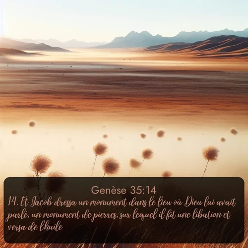 Segond Genèse  ; image nature: image avec le verset biblique :Et Jacob dressa un monument dans le lieu où Dieu lui avait parlé, un monument de pierres, sur lequel il fit une libation et versa de l&#039;huile. ;  ; 35:14