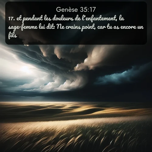 Segond Genèse  ; image nature: image avec le verset biblique :et pendant les douleurs de l&#039;enfantement, la sage-femme lui dit: Ne crains point, car tu as encore un fils! ;  ; 35:17