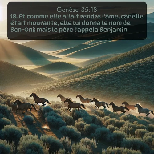 Segond Genèse  ; image nature: image avec le verset biblique :Et comme elle allait rendre l&#039;âme, car elle était mourante, elle lui donna le nom de Ben-Oni; mais le père l&#039;appela Benjamin. ;  ; 35:18