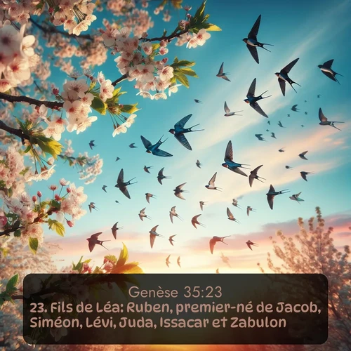 Segond Genèse  ; image nature: image avec le verset biblique :Fils de Léa: Ruben, premier-né de Jacob, Siméon, Lévi, Juda, Issacar et Zabulon. ;  ; 35:23