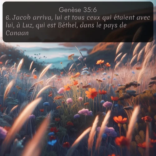 Segond Genèse  ; image nature: image avec le verset biblique :Jacob arriva, lui et tous ceux qui étaient avec lui, à Luz, qui est Béthel, dans le pays de Canaan. ;  ; 35:6
