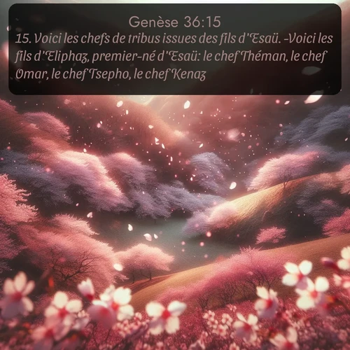 Segond Genèse  ; image nature: image avec le verset biblique :Voici les chefs de tribus issues des fils d&#039;Esaü. -Voici les fils d&#039;Eliphaz, premier-né d&#039;Esaü: le chef Théman, le chef Omar, le chef Tsepho, le chef Kenaz, ;  ; 36:15