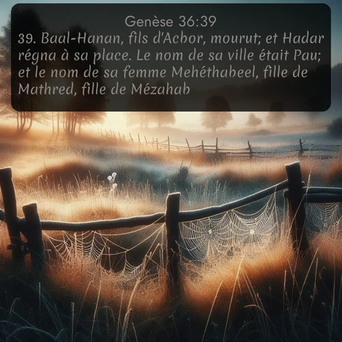 Segond Genèse  ; image nature: image avec le verset biblique :Baal-Hanan, fils d&#039;Acbor, mourut; et Hadar régna à sa place. Le nom de sa ville était Pau; et le nom de sa femme Mehéthabeel, fille de Mathred, fille de Mézahab. ;  ; 36:39