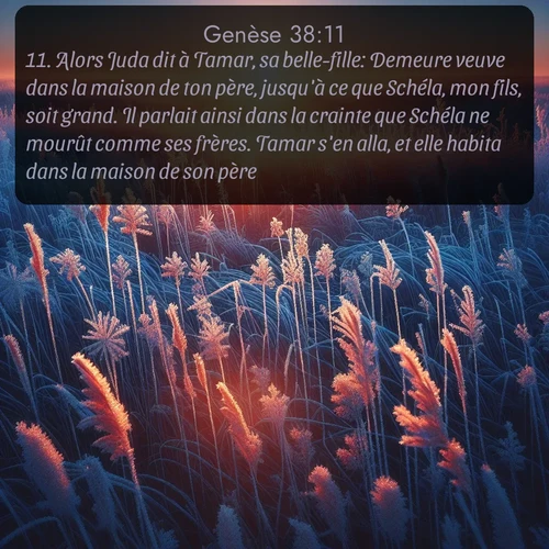 Segond Genèse  ; image nature: image avec le verset biblique :Alors Juda dit à Tamar, sa belle-fille: Demeure veuve dans la maison de ton père, jusqu&#039;à ce que Schéla, mon fils, soit grand. Il parlait ainsi dans la crainte que Schéla ne mourût comme ses frères. Tamar s&#039;en alla, et elle habita dans la maison de son père. ;  ; 38:11