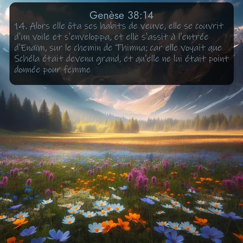 Segond Genèse  ; image nature: image avec le verset biblique :Alors elle ôta ses habits de veuve, elle se couvrit d&#039;un voile et s&#039;enveloppa, et elle s&#039;assit à l&#039;entrée d&#039;Enaïm, sur le chemin de Thimna; car elle voyait que Schéla était devenu grand, et qu&#039;elle ne lui était point donnée pour femme. ;  ; 38:14