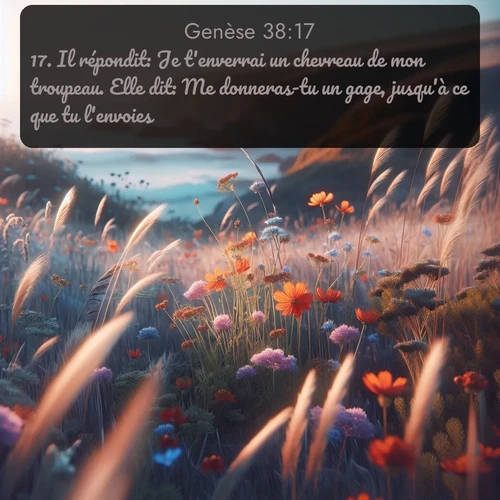 Segond Genèse  ; image nature: image avec le verset biblique :Il répondit: Je t&#039;enverrai un chevreau de mon troupeau. Elle dit: Me donneras-tu un gage, jusqu&#039;à ce que tu l&#039;envoies? ;  ; 38:17